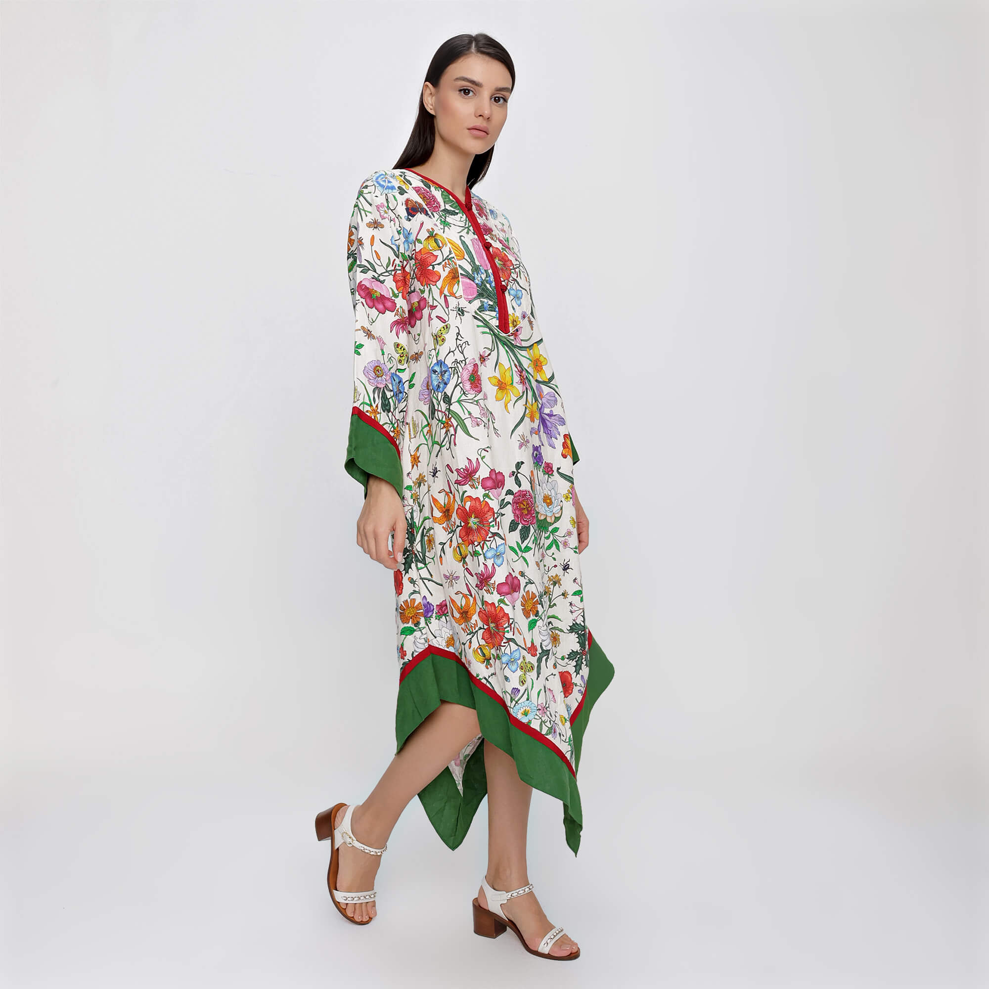 Gucci - Multicolour Linen Floral Print Green Trim Kaftan